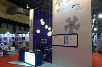 Exhibition booth with large branding display for HVAC solutions at CHINAPLAS 2025.