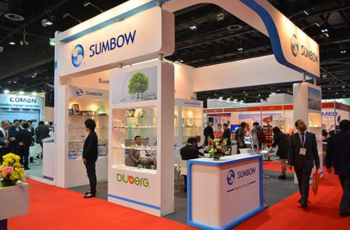 Sumbow healthcare exhibition booth showcasing medical products at SATTE 2025, Dubai World Trade Centre