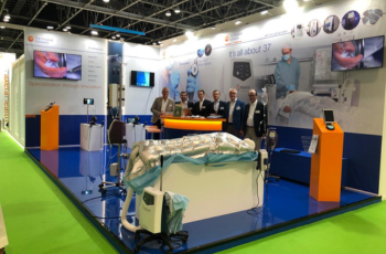 Exhibition booth showcasing advanced medical equipment and healthcare solutions at Arab Health 2025, Dubai World Trade Centre