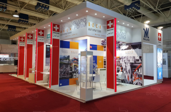 Swiss pavilion booth showcasing advanced plastics and petrochemical products at ArabPlast 2025, Dubai International Convention & Exhibition Centre