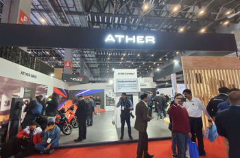 Ather's innovative exhibition booth showcasing electric two-wheelers at the Bharat Mobility Global Expo 2025