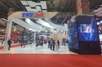 TVS Motors booth at the Bharat Mobility Global Expo 2025, highlighting their latest two-wheeler models