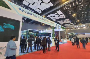 Electric bus display at the Bharat Mobility Global Expo 2025, focusing on the future of sustainable urban mobility