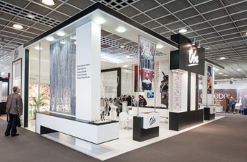 Sleek, modern booth design with high-quality textile displays and brand showcase at Heimtextil 2025, Messe Frankfurt5