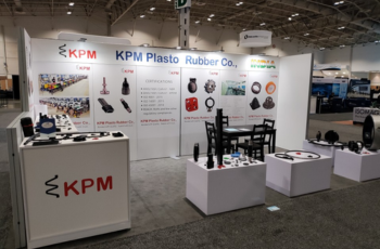 KPM booth showcasing plastic and rubber products at Plasto 2025, Pune International Exhibition and Convention Centre